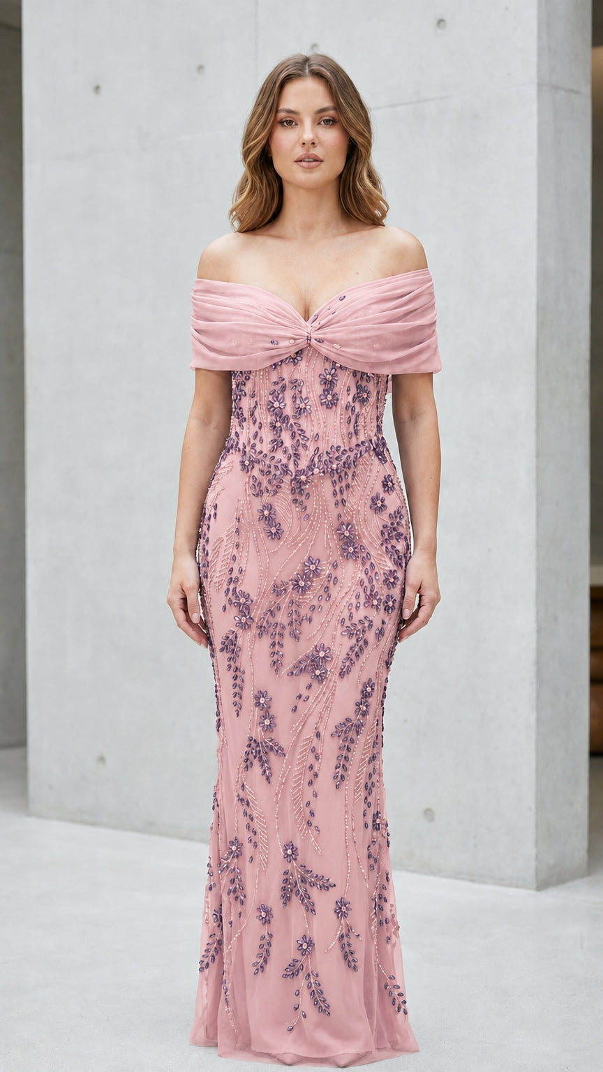Pink variant of Off-Shoulder Beaded Evening Gown