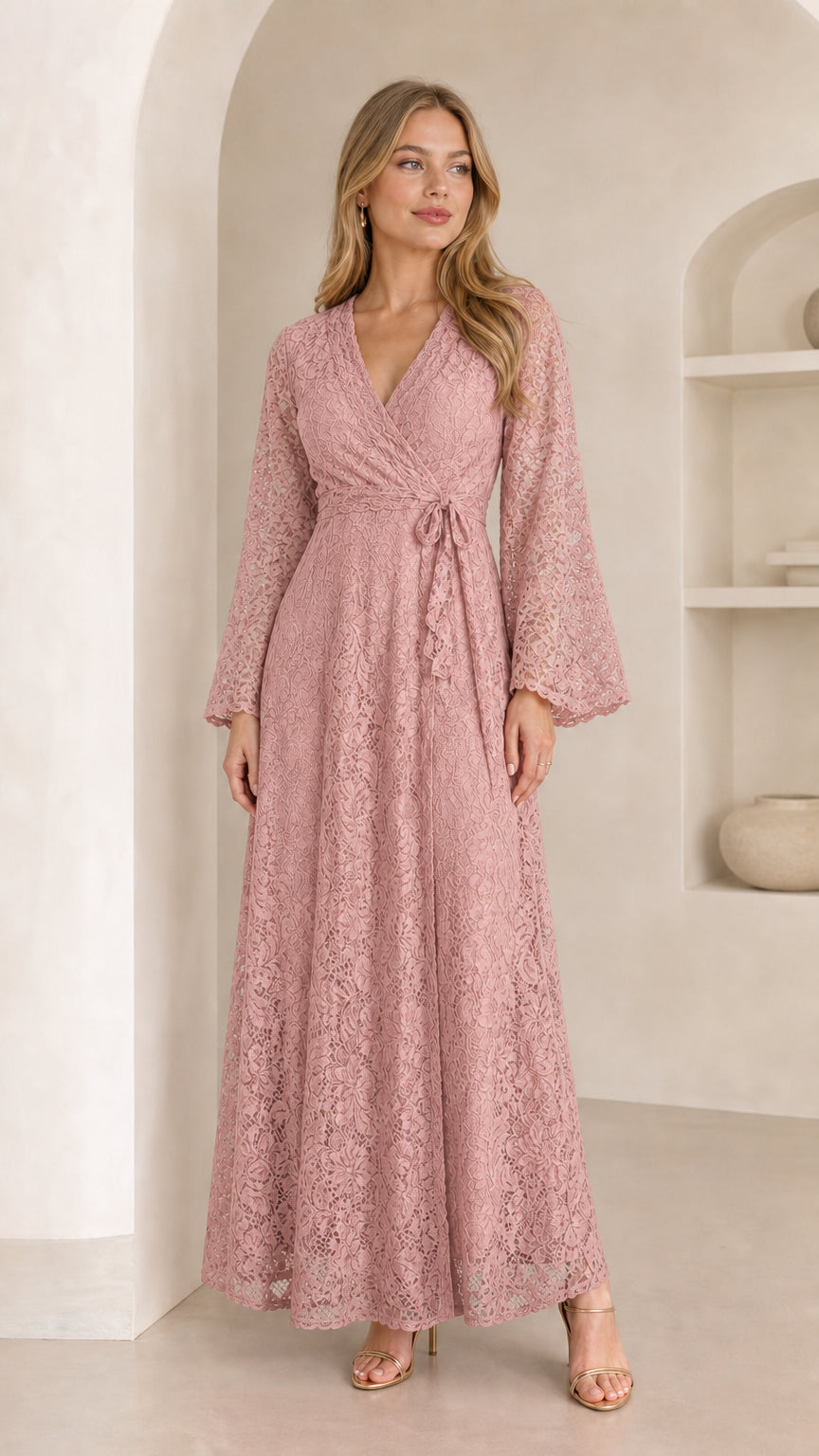 Front view of model wearing a dusty pink floral lace long sleeve maxi dress