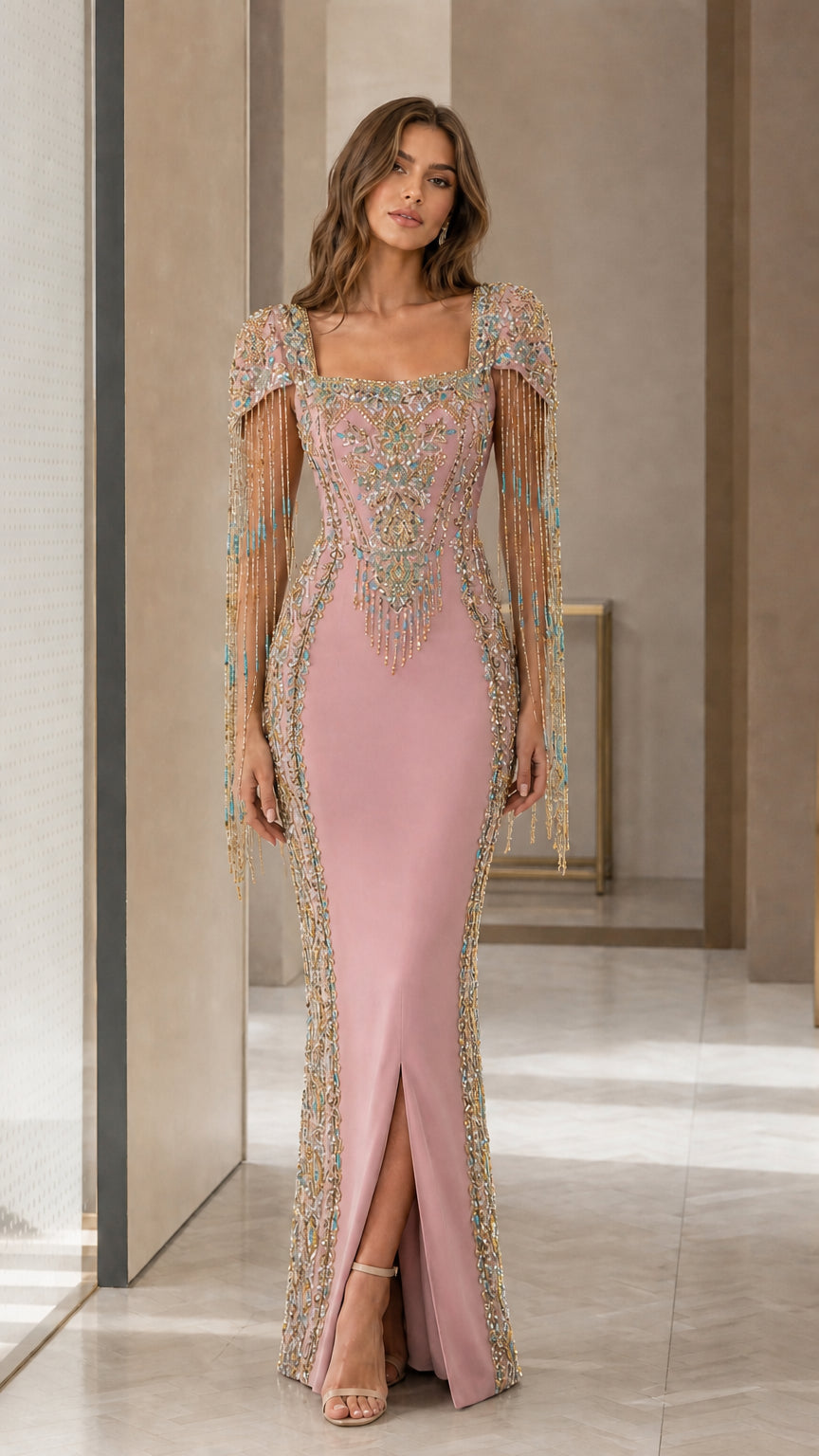 Pink evening gown front view with detailed bodice embroidery