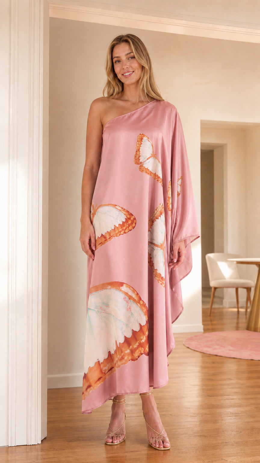 Front view of model wearing Dusty Pink one-shoulder butterfly print satin kaftan maxi dress