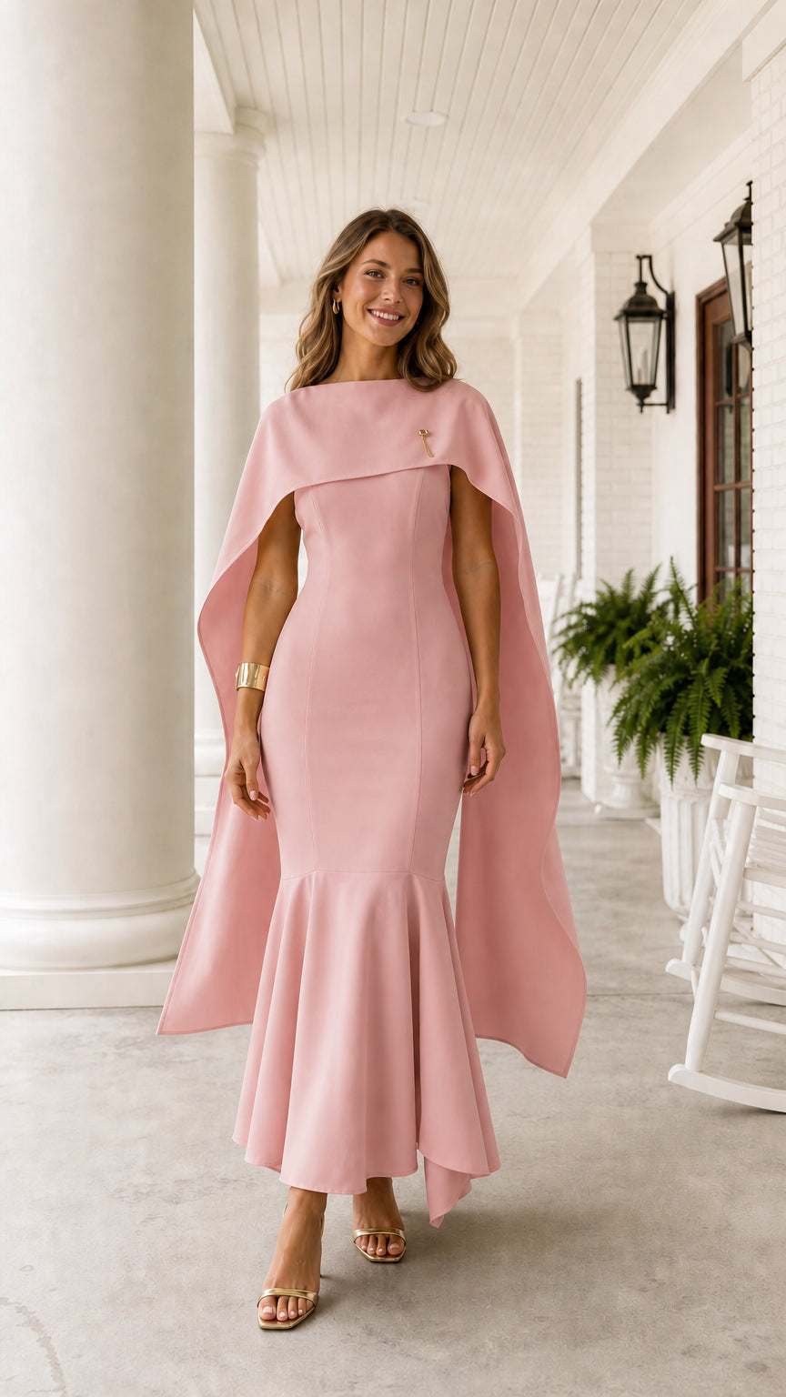 Woman wearing blush pink draped cape sleeve mermaid evening gown