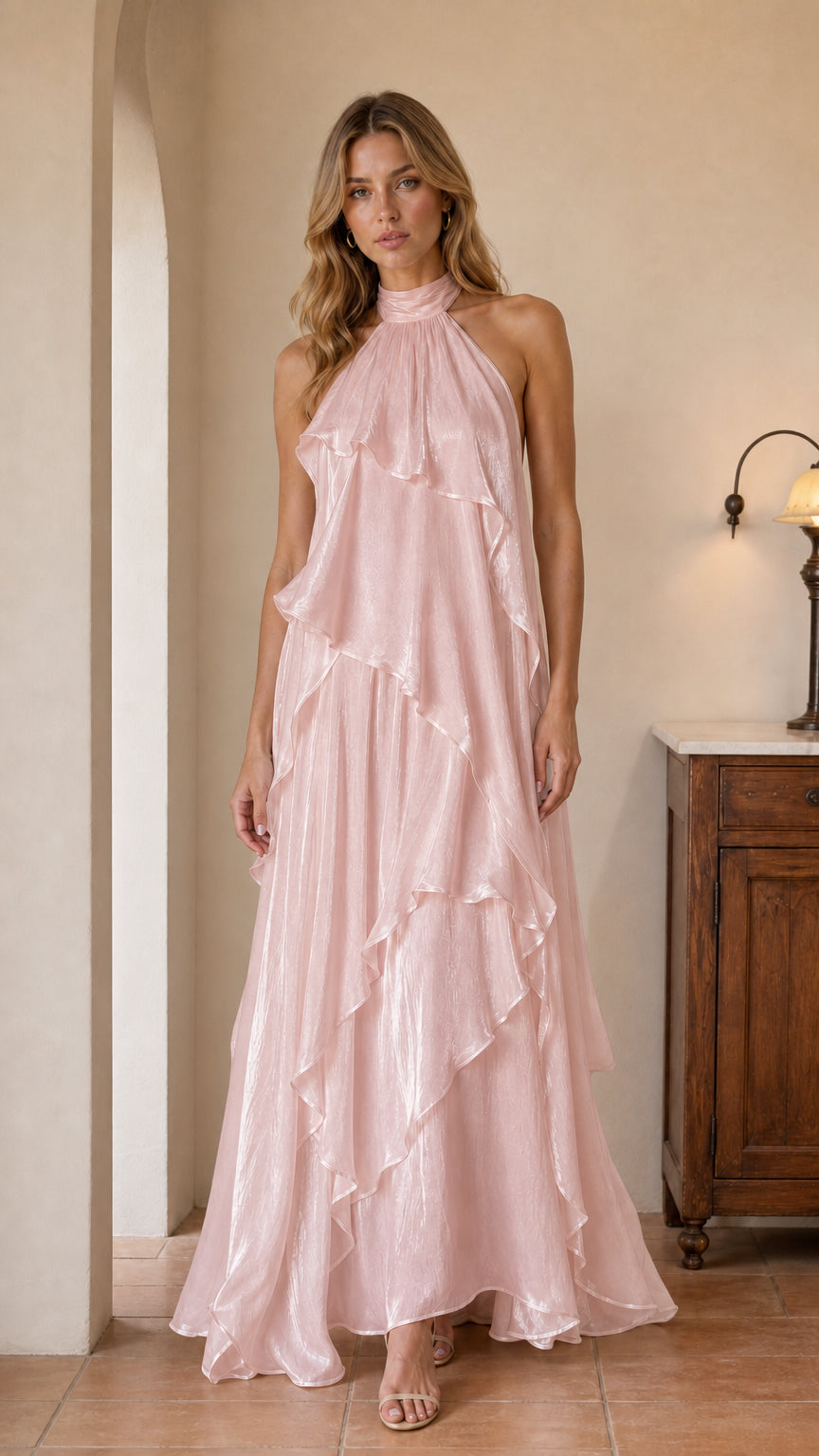 Blush Pink halter sleeveless tiered ruffle open back maxi gown
