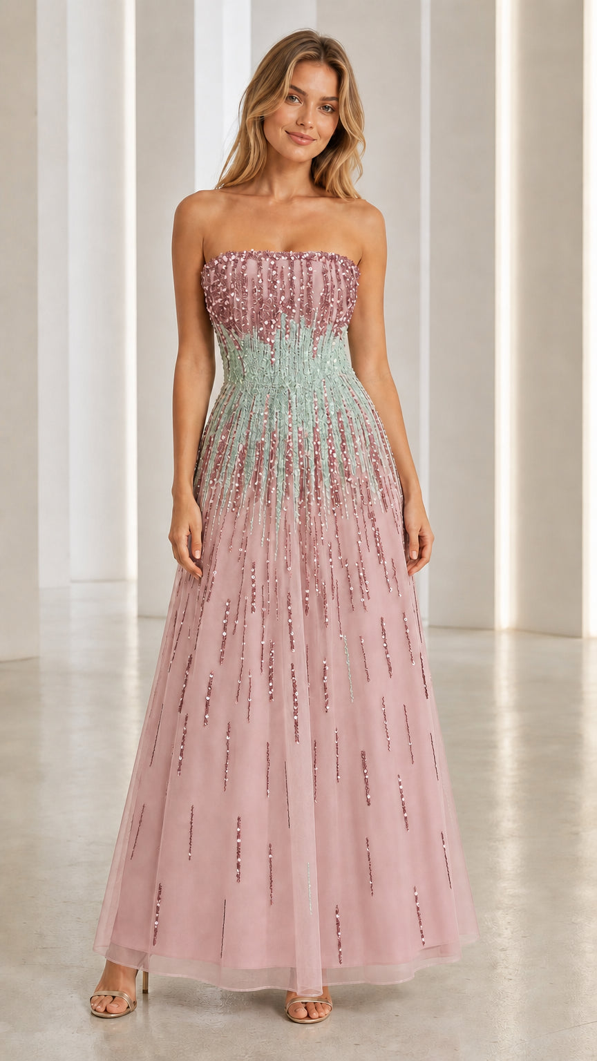 Model wearing pink sequin strapless evening gown