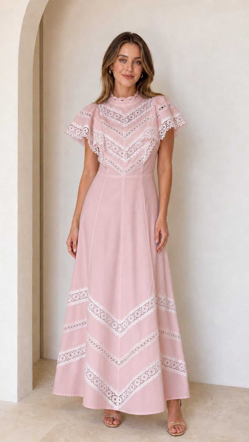 Dusty pink lace trim flutter sleeve maxi dress full-length view