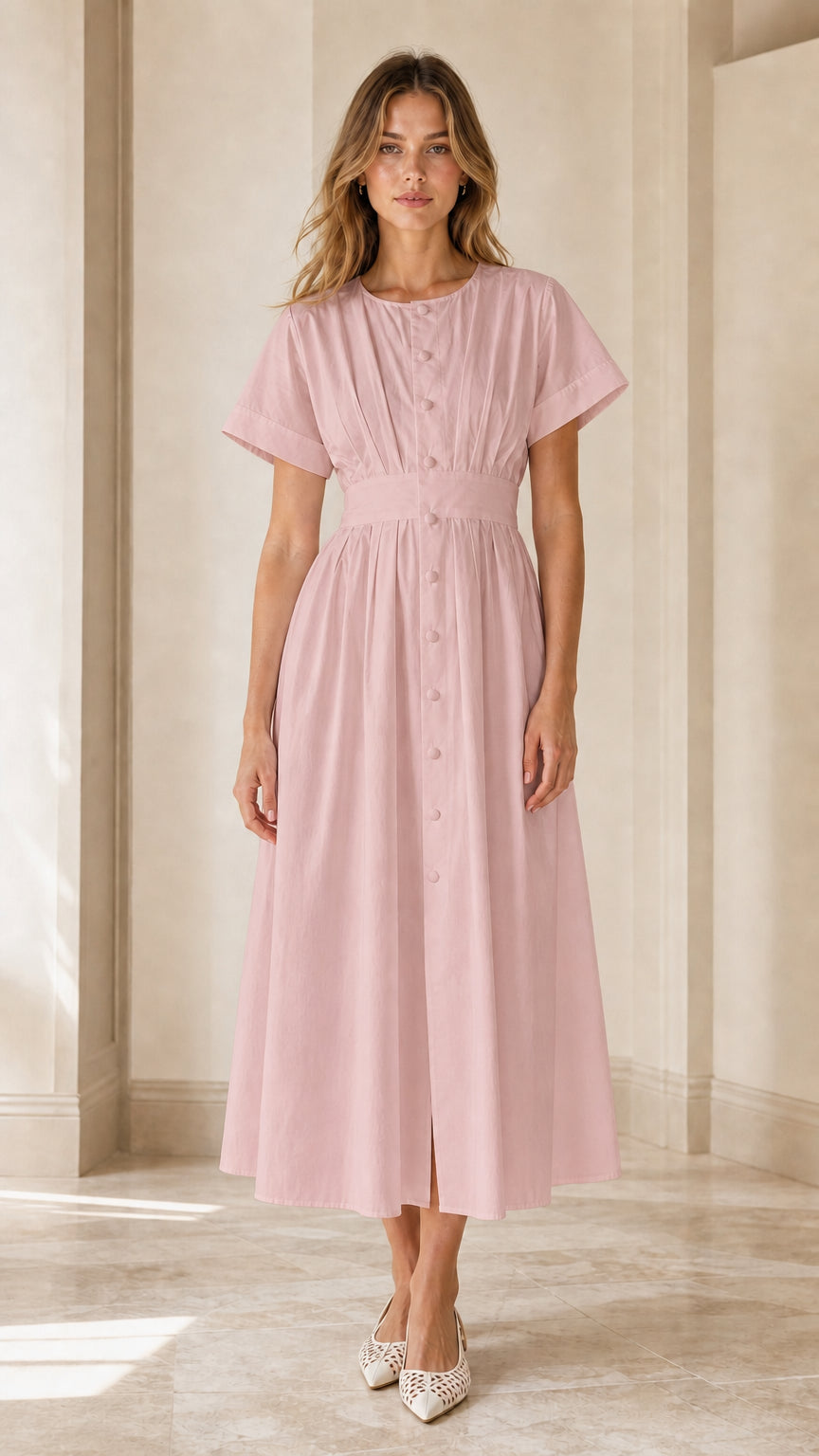 Model wearing dusty pink pleated button-down midi dress