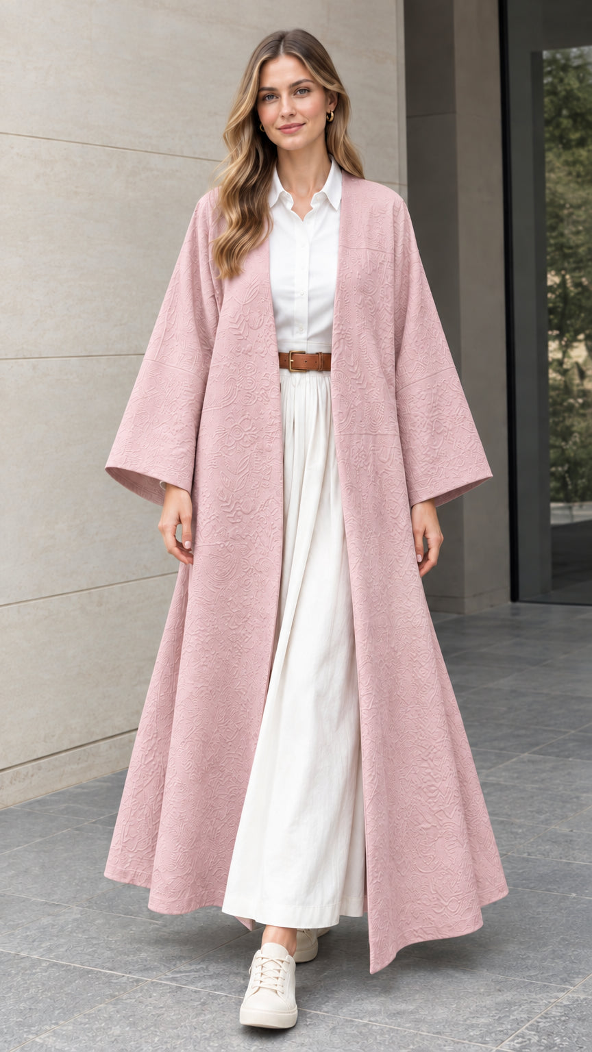 Front full-length view of woman wearing dusty pink textured jacquard maxi duster robe
