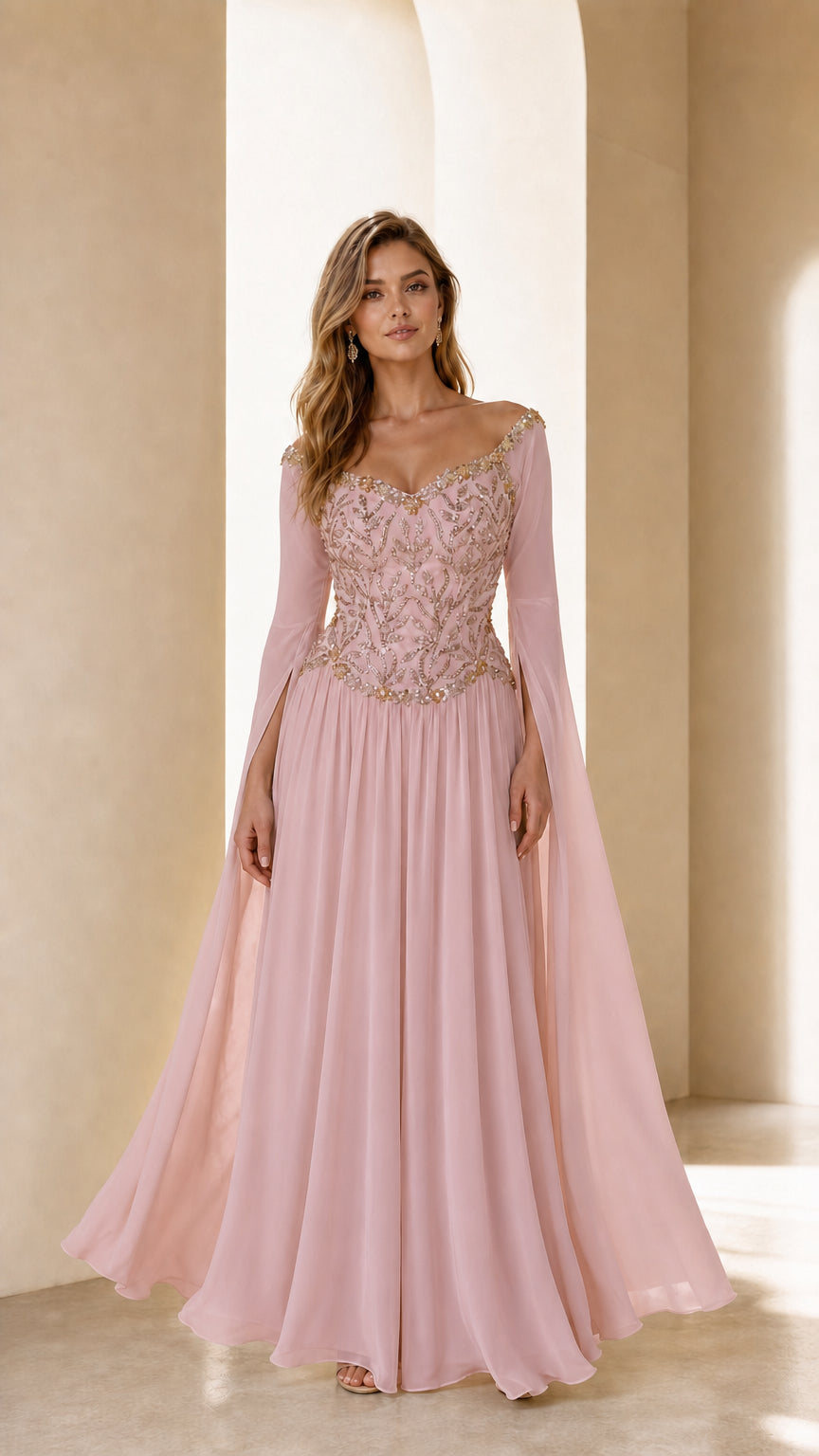 Front view of blush pink embellished evening gown