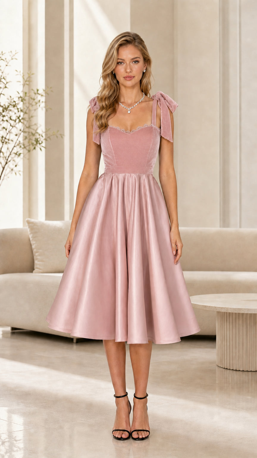 Front view of a blush pink vintage midi dress with bow shoulder straps