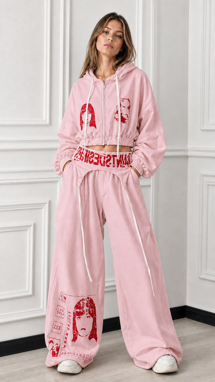 Full front view of soft pink 2-piece cropped zip hoodie and wide-leg graphic sweatpants set