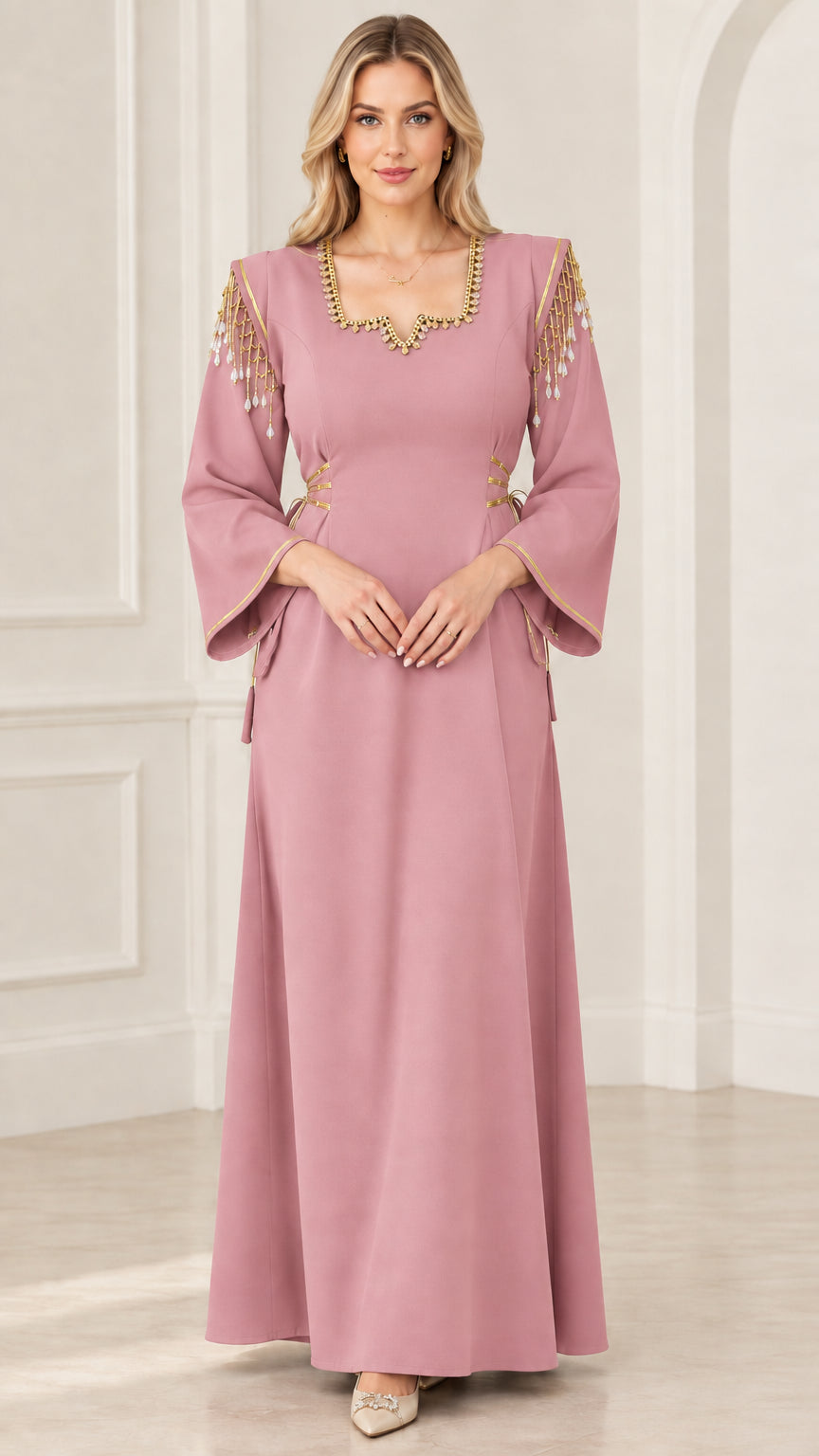 Front view of dusty pink beaded fringe shoulder maxi dress