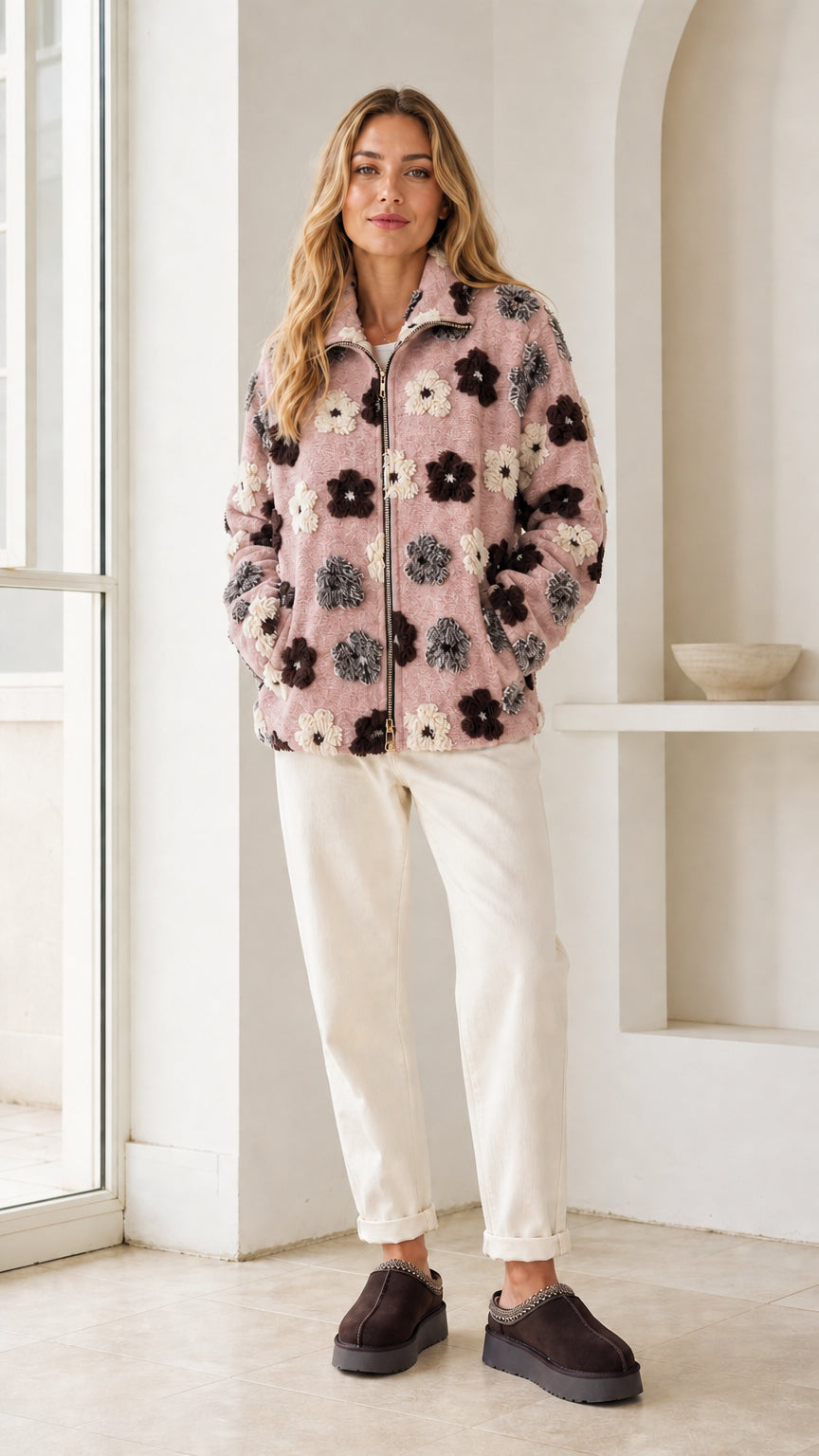 Model wearing dusty pink floral sherpa fleece zip-up jacket