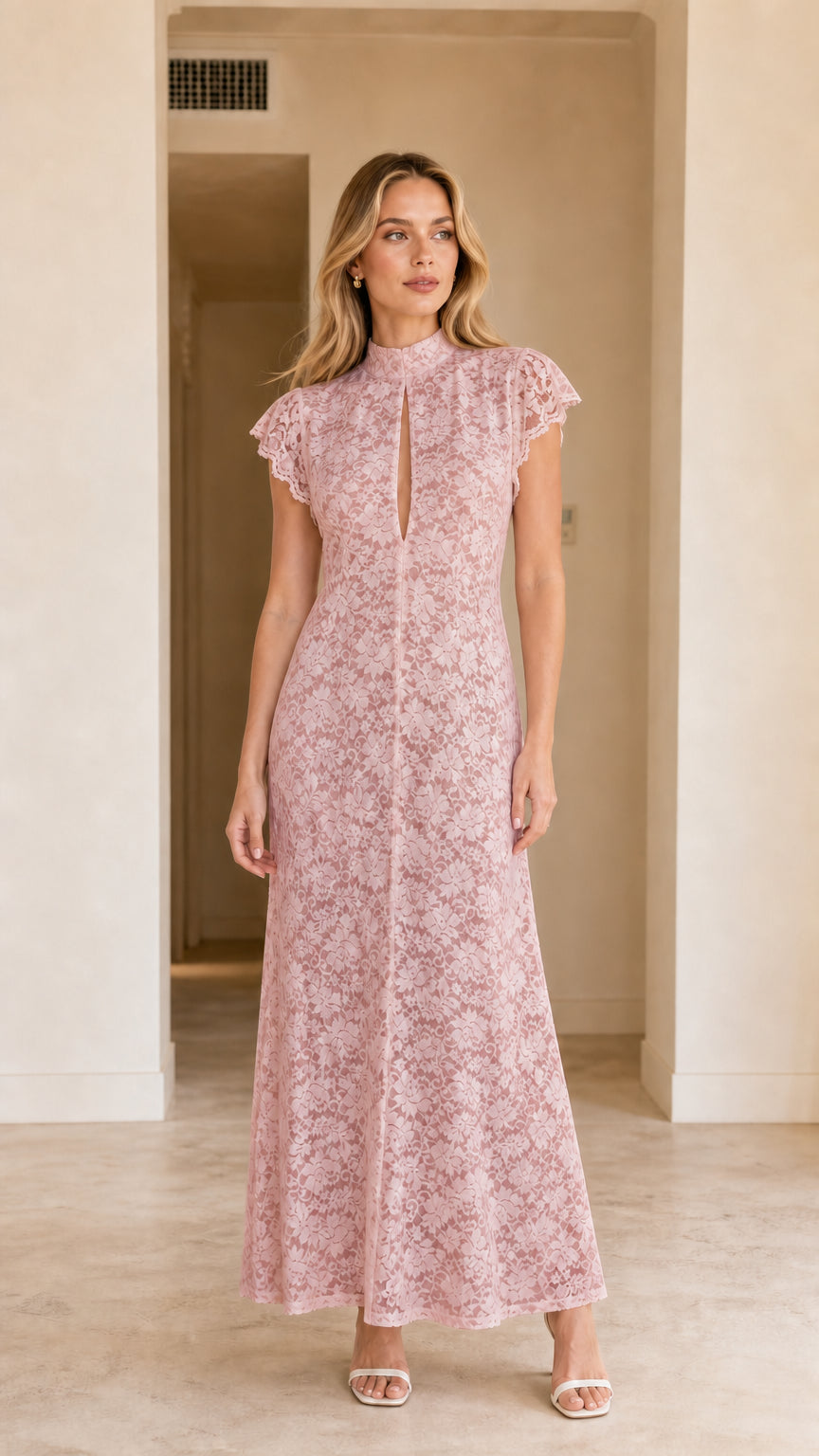 Model wearing dusty pink floral lace keyhole maxi dress