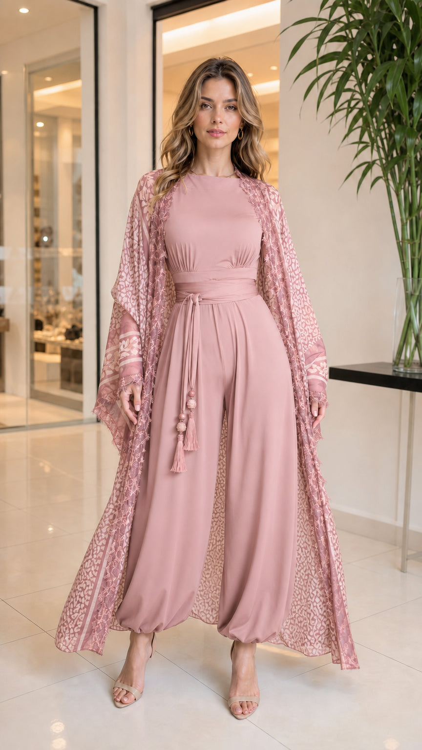 Dusty rose pink jumpsuit and coordinating sheer patterned duster set
