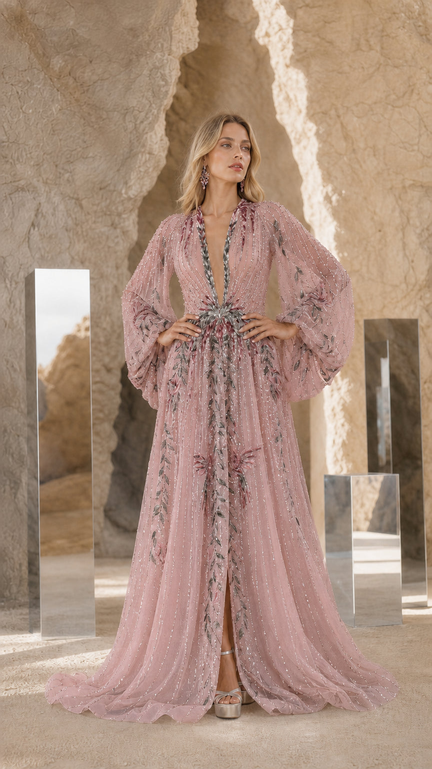 Front view of Dusty Rose embroidered beaded long sleeve evening gown