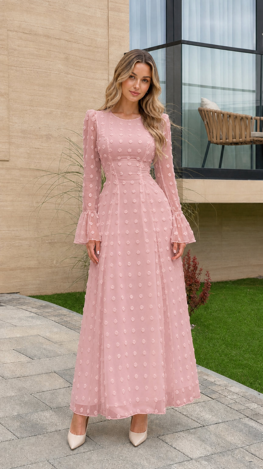 Front view of dusty pink Swiss dot long sleeve maxi dress