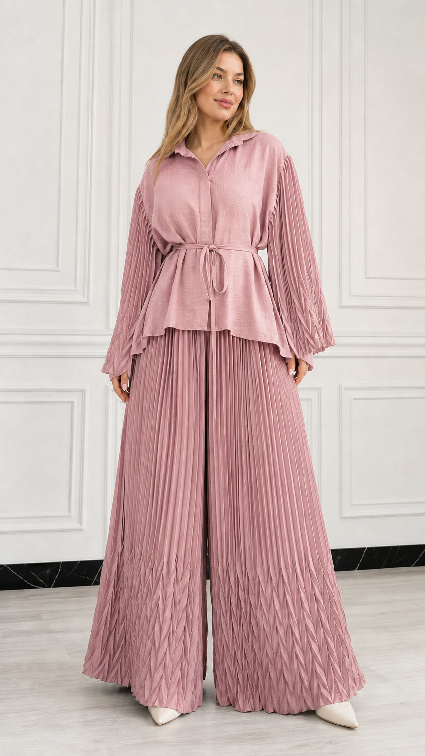 Full front view of woman wearing Dusty Rose pink pleated two-piece pant set