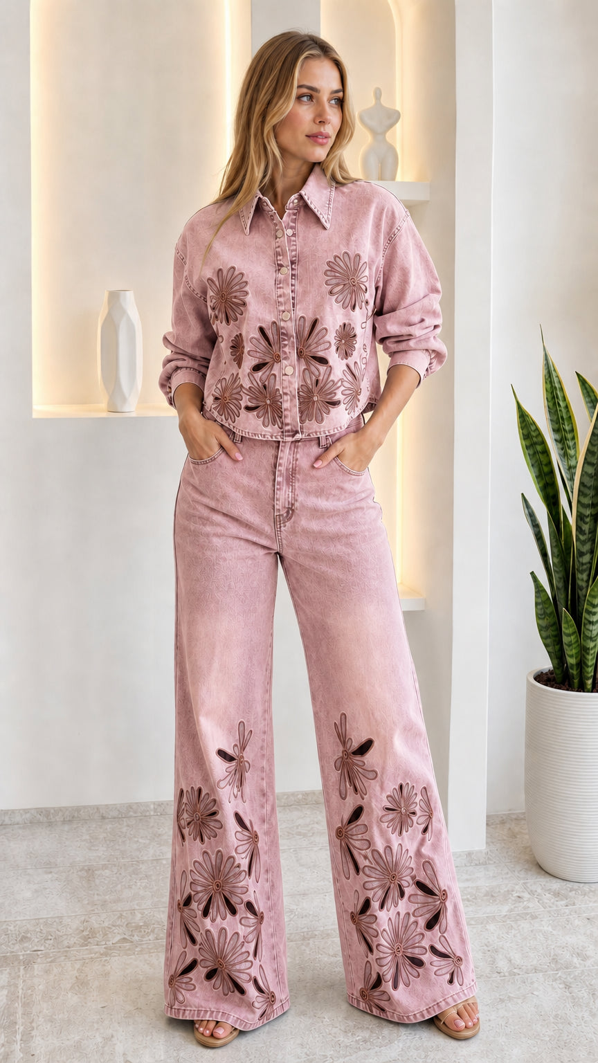 Model wearing dusty pink floral embroidered cutout denim matching set