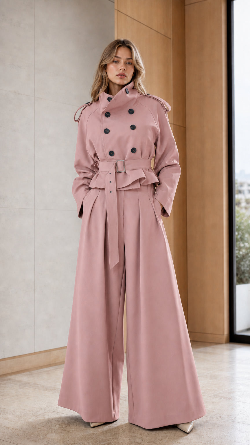 Woman wearing pink two-piece trench jacket and wide-leg pants set