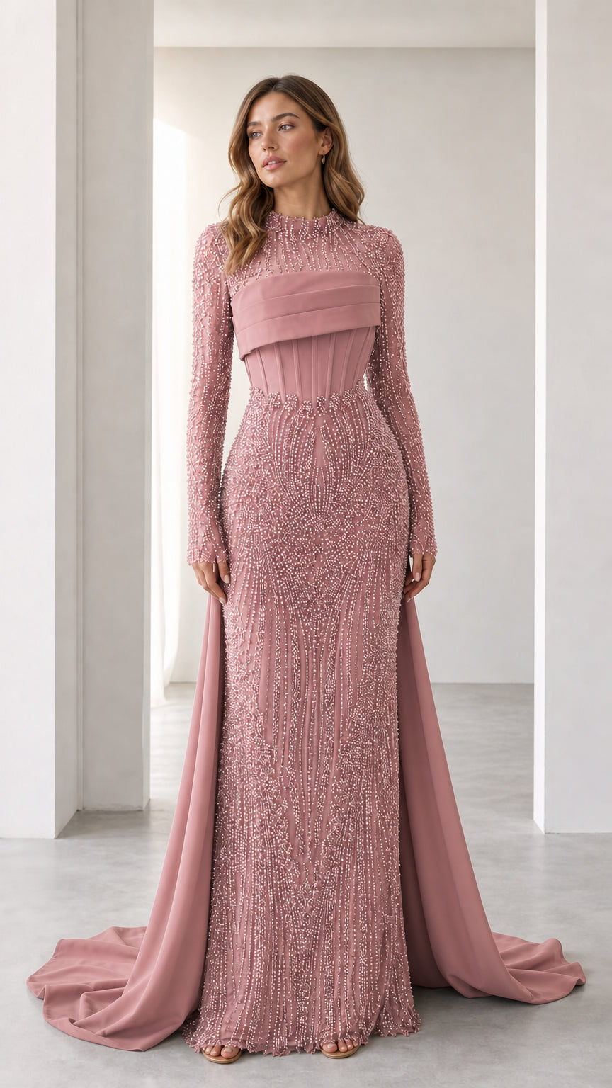 Front view of the dusty pink beaded evening gown variant