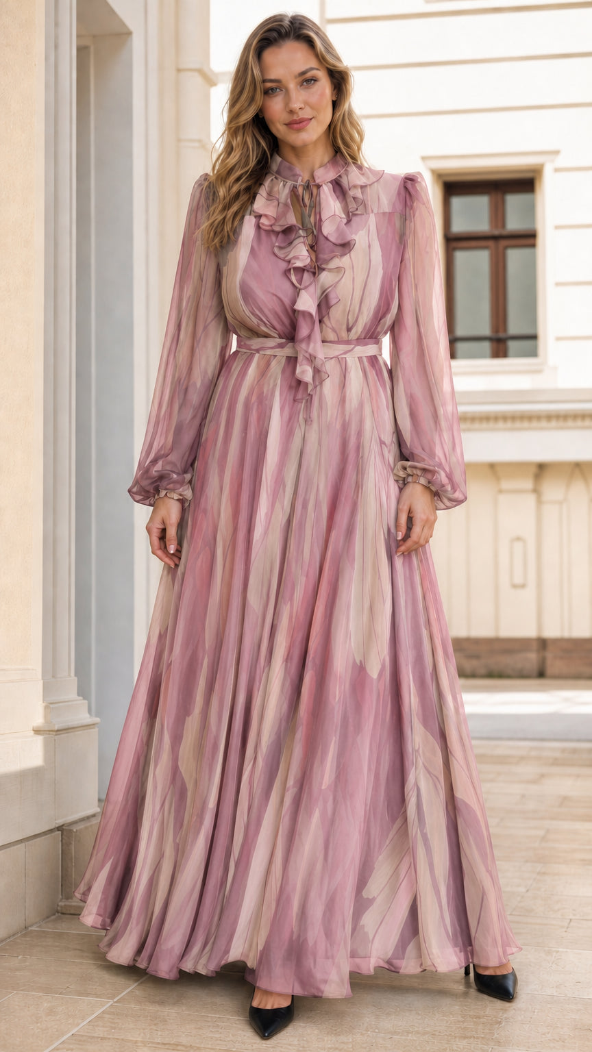 Full front view of pink chiffon maxi dress variant