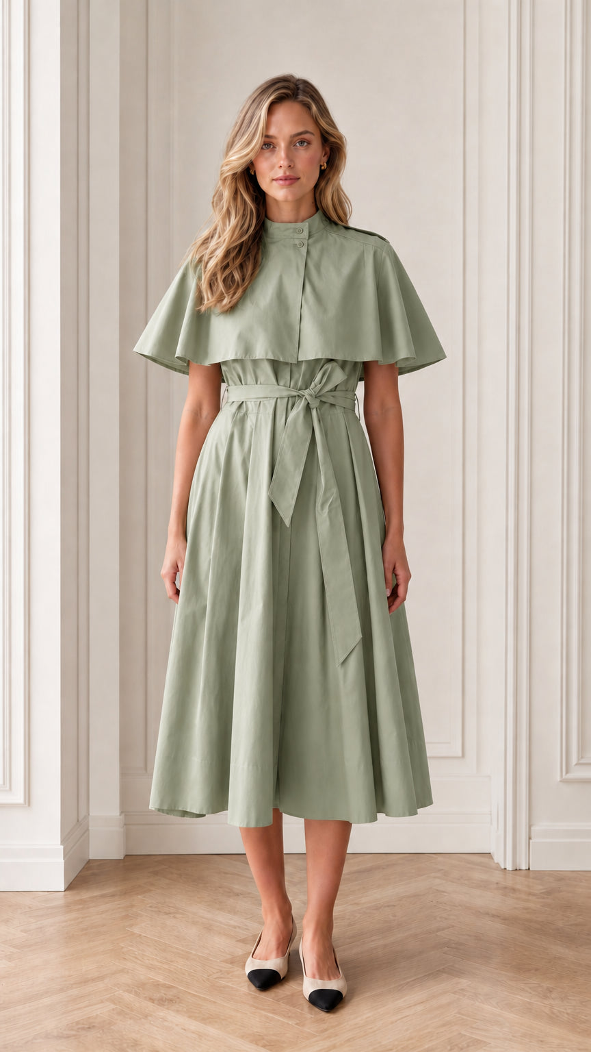 Model wearing sage green trench capelet belted midi dress