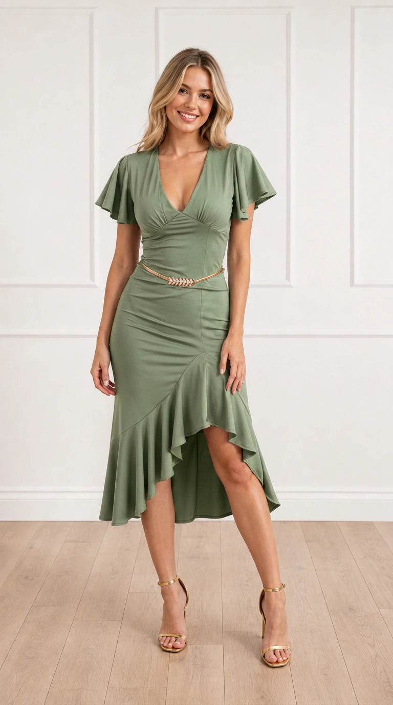 Front full view of sage green midi dress variant