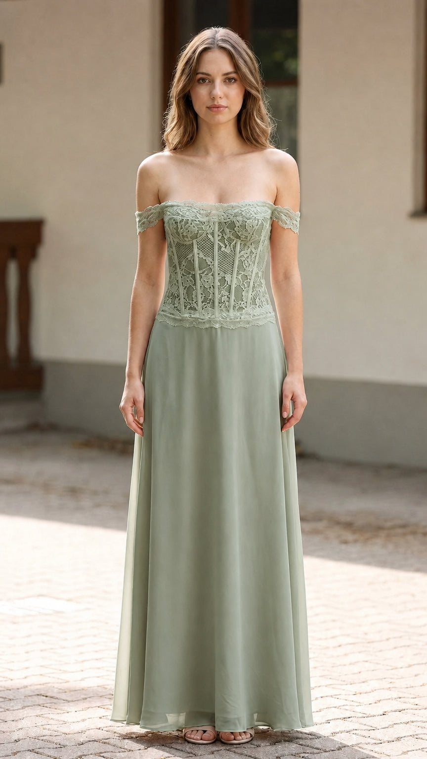 Front full-length view of sage green lace corset A-line formal gown
