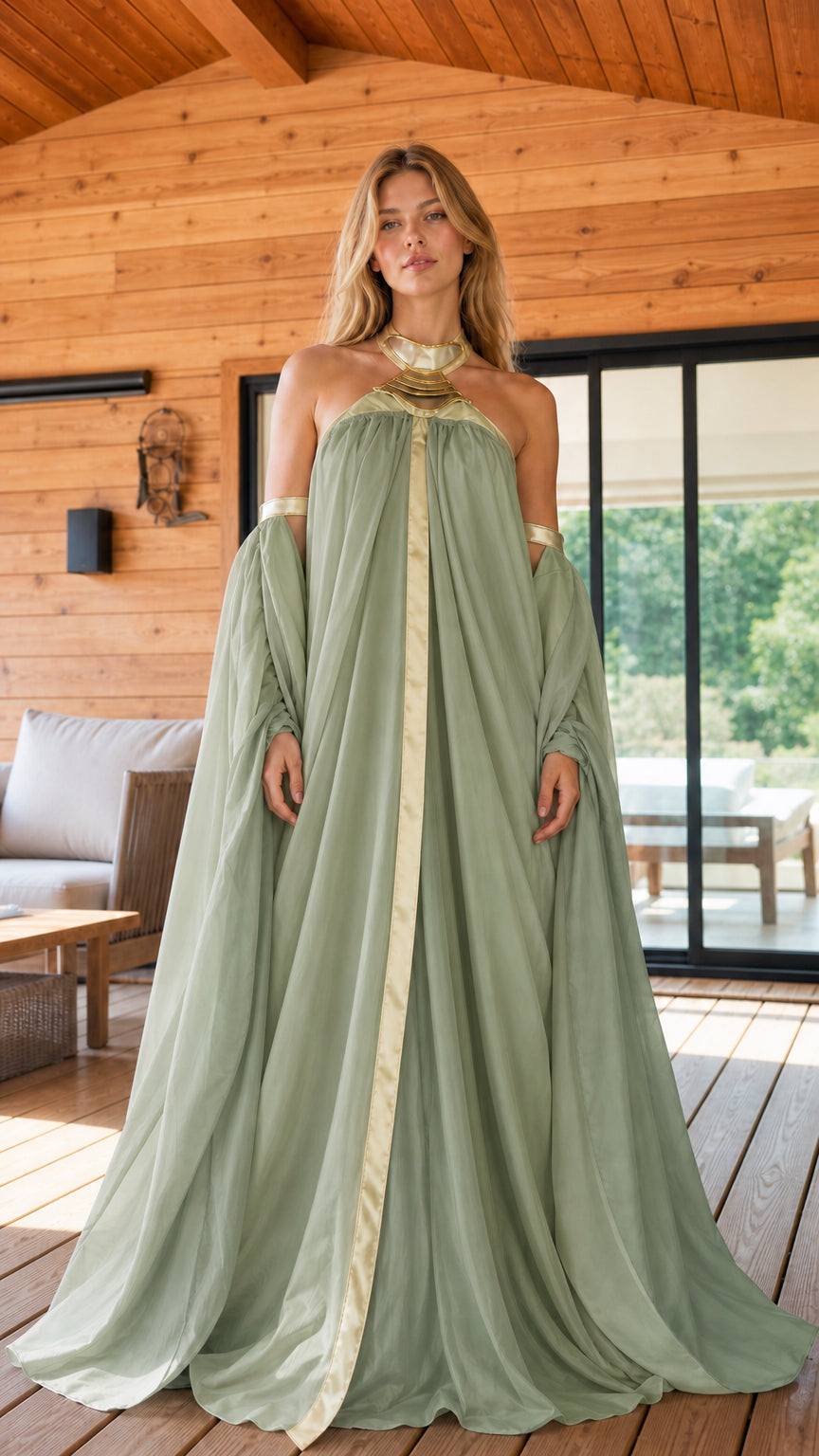 Full-length front view of sage green flowing halter evening gown with gold neckline detail