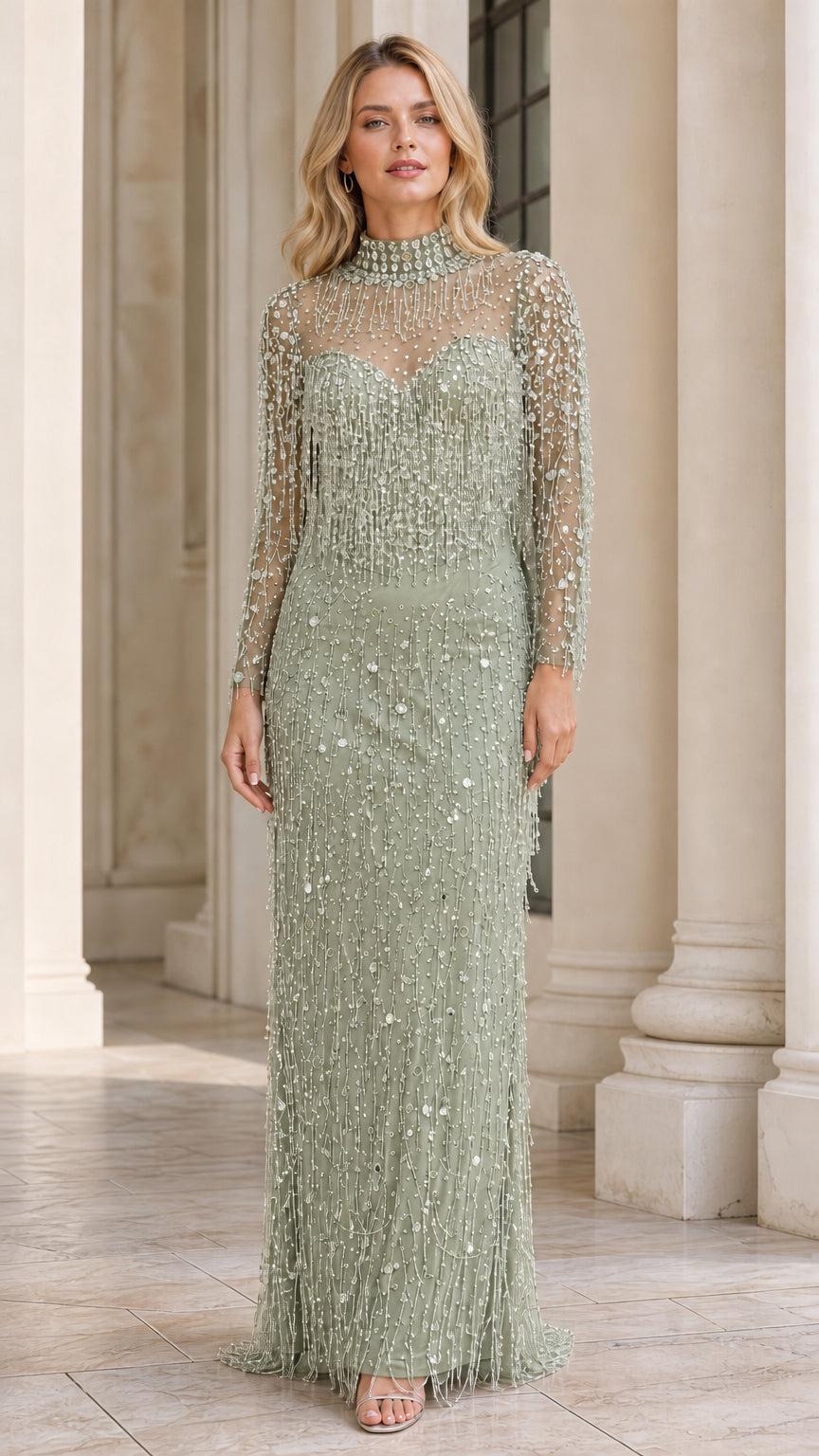 Model wearing sage green beaded long sleeve evening gown