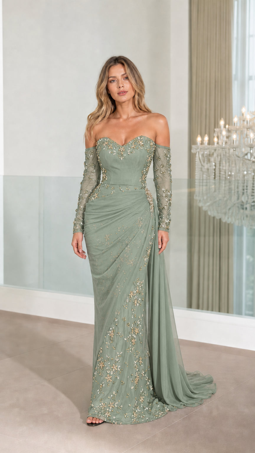 Full front view of sage evening gown variant