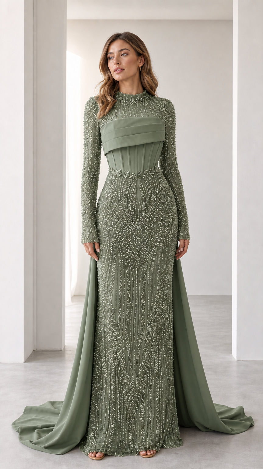 Front view of the sage green beaded evening gown variant