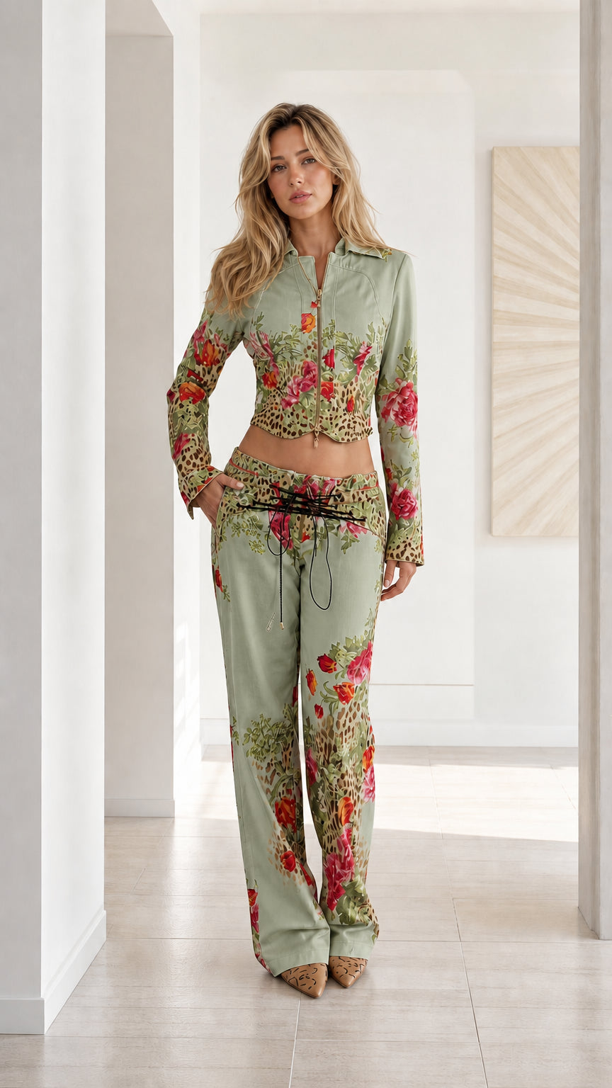Woman wearing Sage Green floral leopard print cropped jacket and wide leg pants set