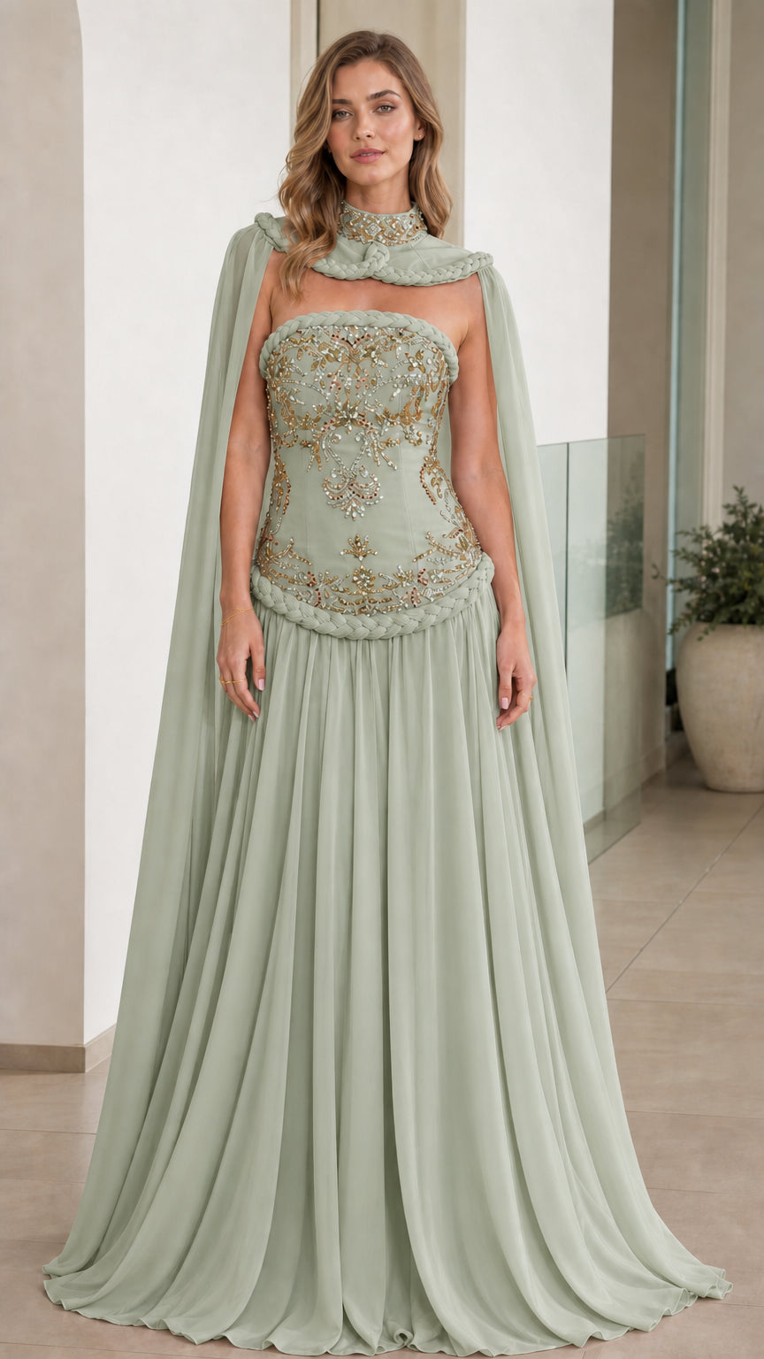 Front view of Sage Green embroidered corset gown with cape