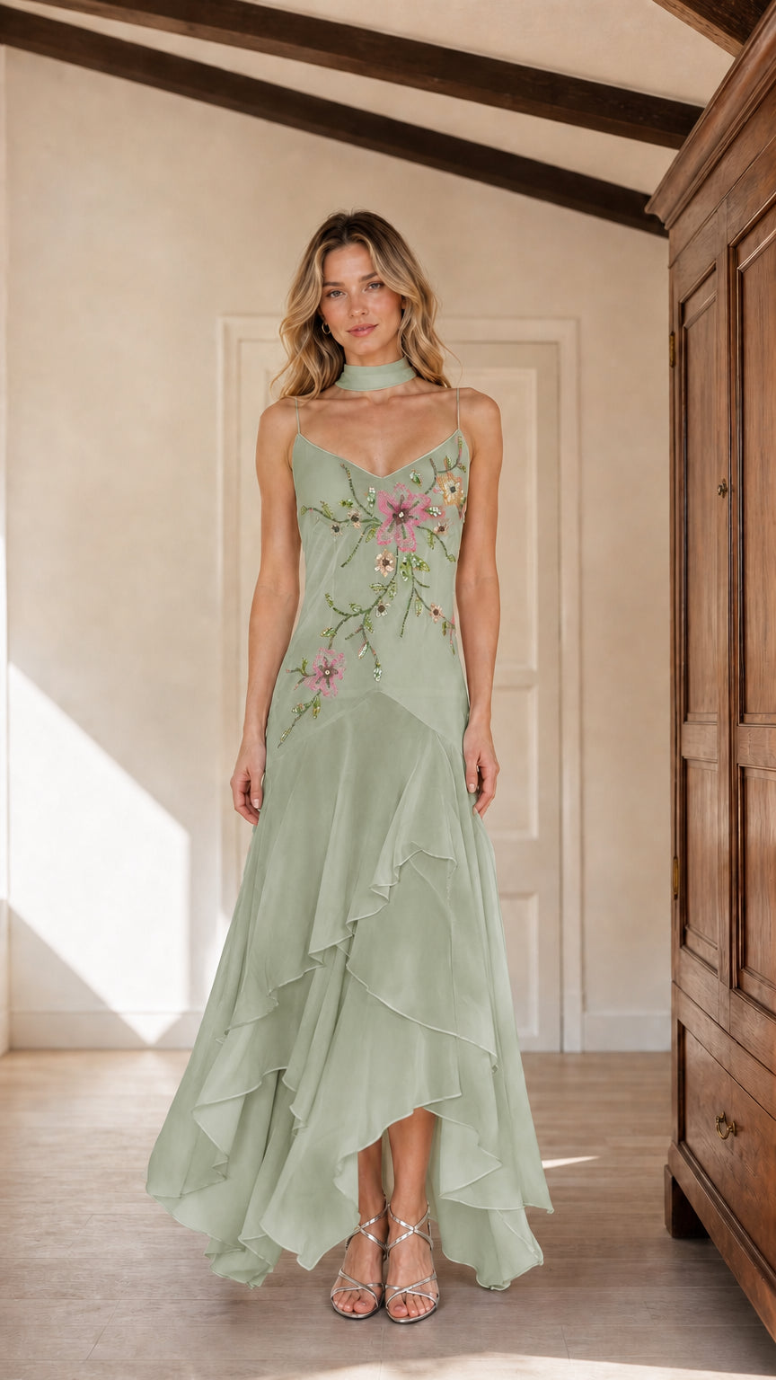 Sage green floral embroidered sleeveless maxi dress with tiered ruffle skirt