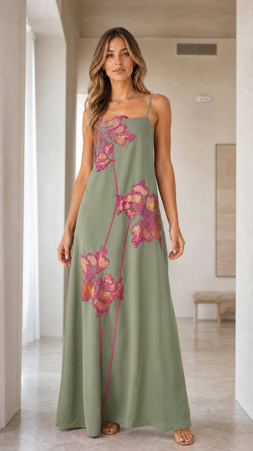 Sage green floral sequin embroidered slip maxi dress