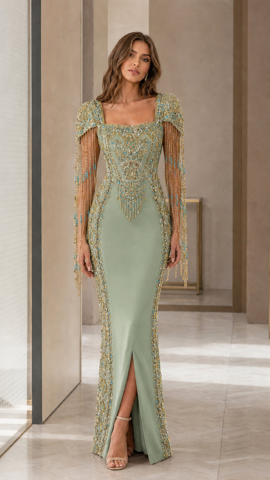 Sage green evening gown front view with sparkling details