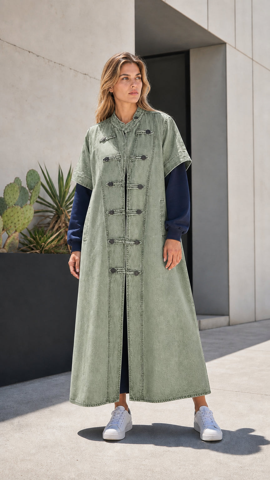 Full front view of sage green denim maxi duster vest coat