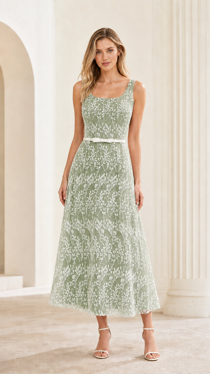 Front view of sage green floral lace midi dress