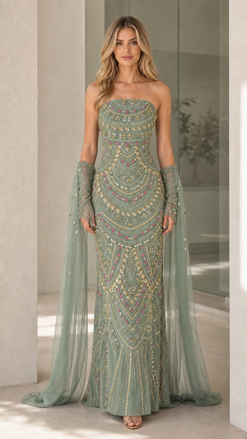 Sage green color variant of beaded strapless evening gown