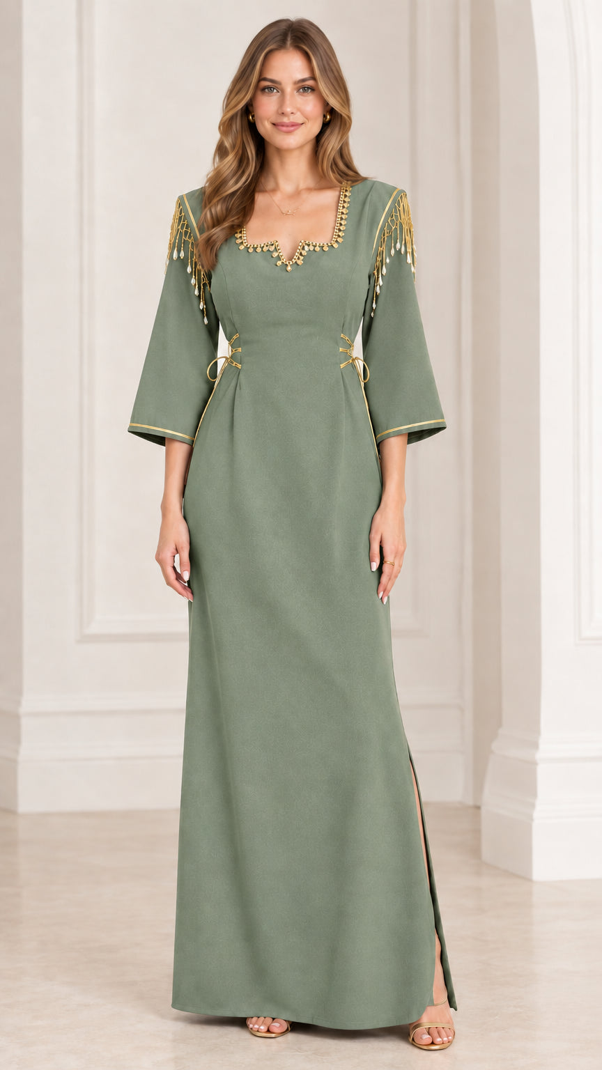Full-length view of sage green maxi dress with gold embellishments and flared sleeves