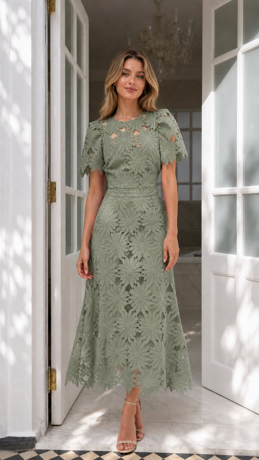 Front view of sage green floral embroidered lace midi dress