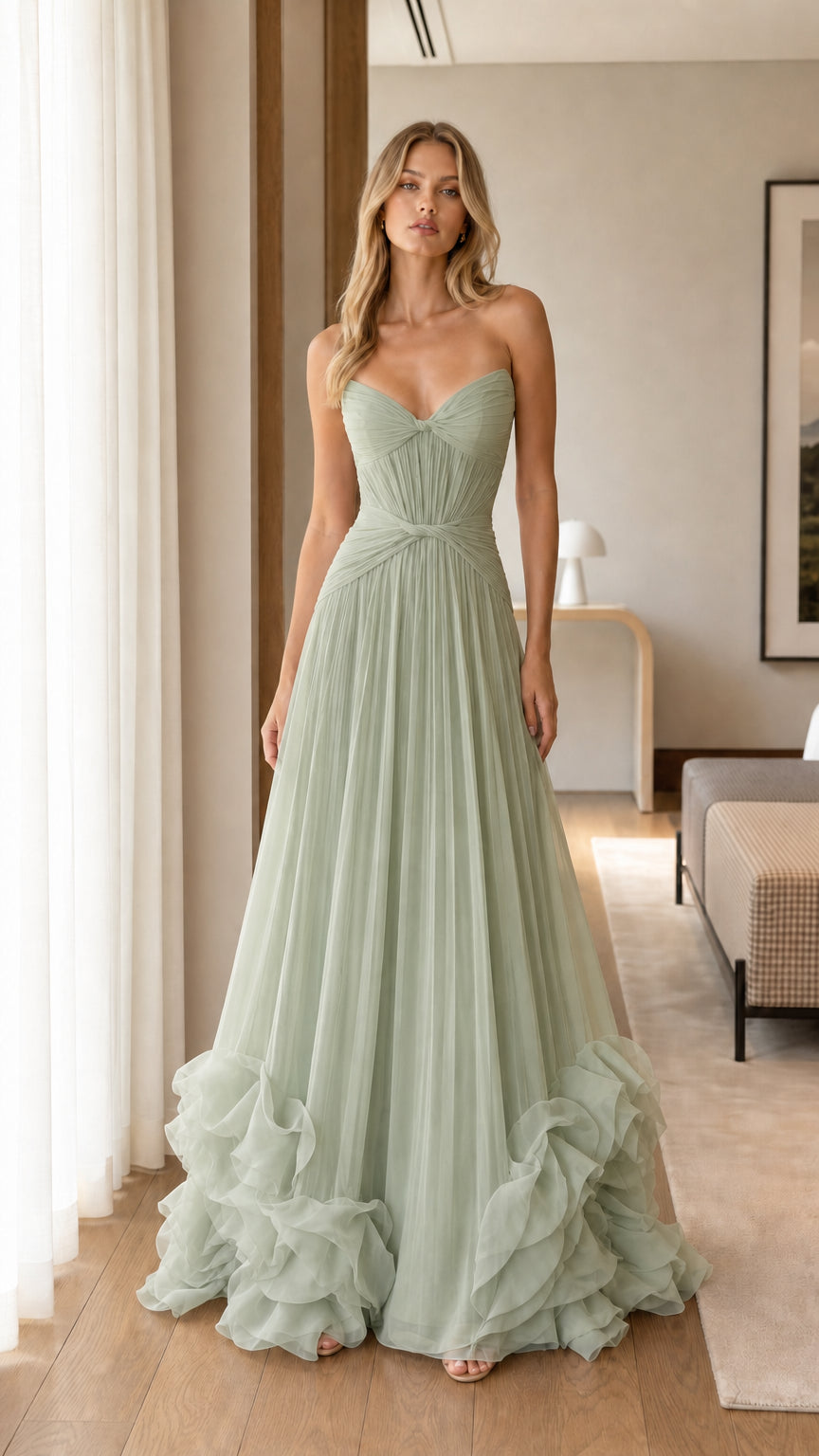 Model wearing Sage Green strapless sweetheart pleated tulle evening dress