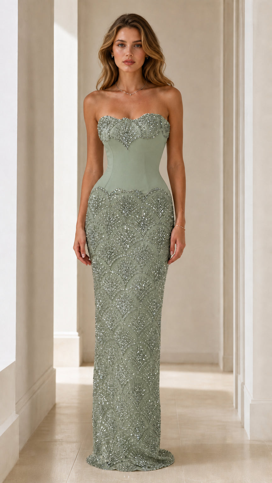 Sage green sequin strapless evening gown