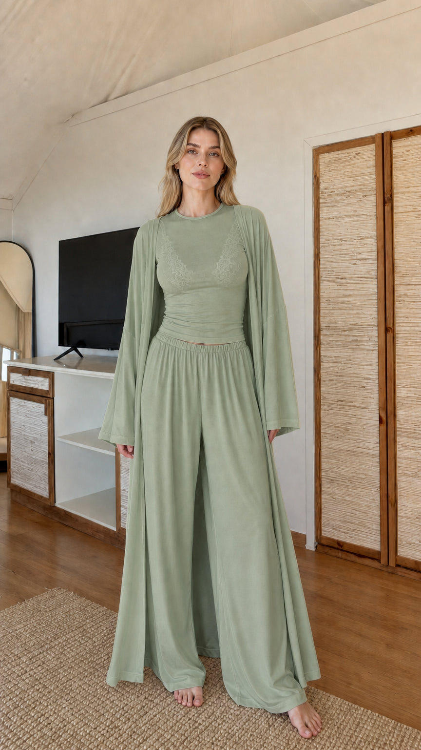 Front view of model wearing Sage Green 3-piece relaxed lounge outfit