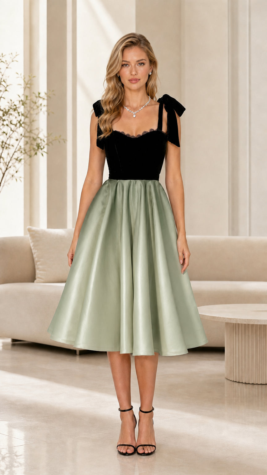 Front view of a sage green vintage midi dress with black bodice and bow straps