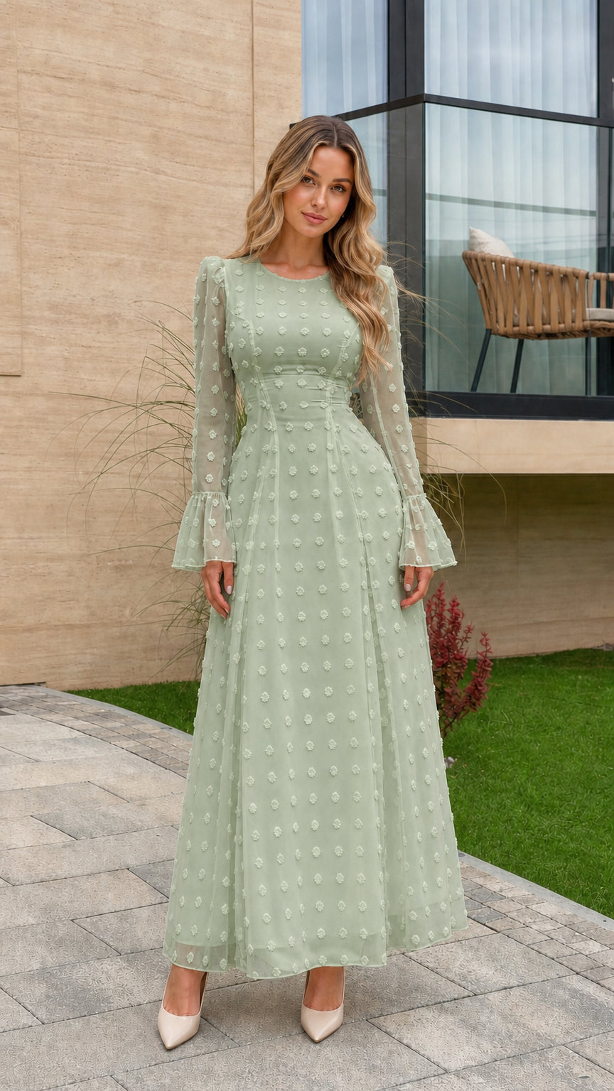 Front view of sage green Swiss dot bell sleeve evening maxi dress