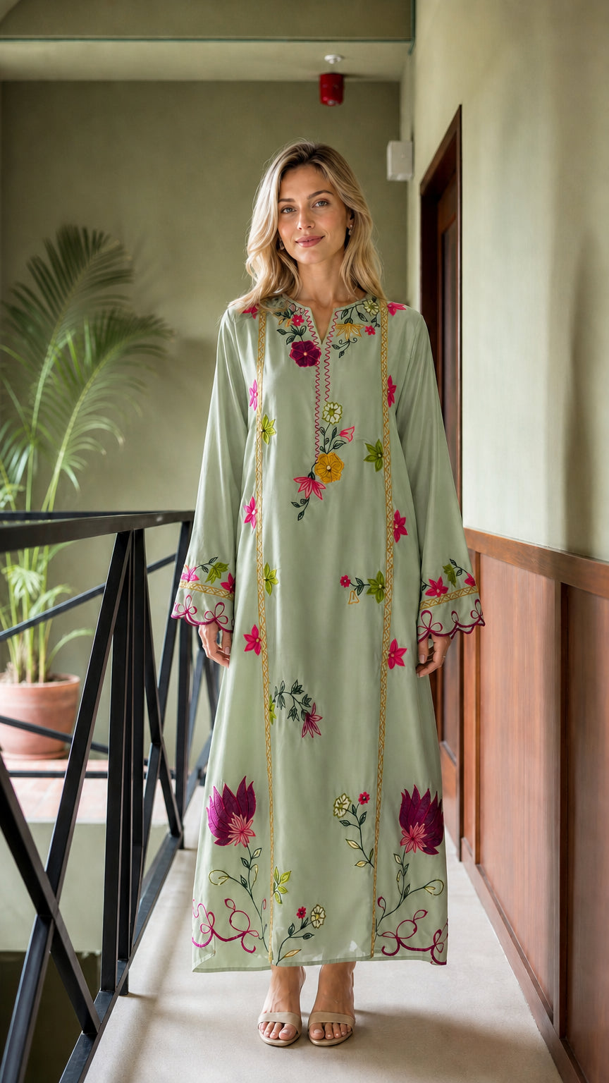 Model wearing Sage floral embroidered maxi kaftan dress