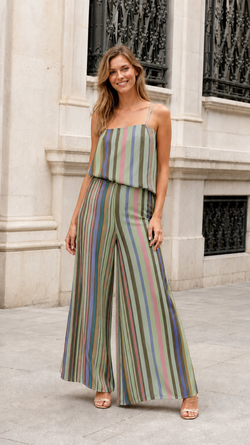 Full length view of model wearing Sage Green Stripe wide leg jumpsuit