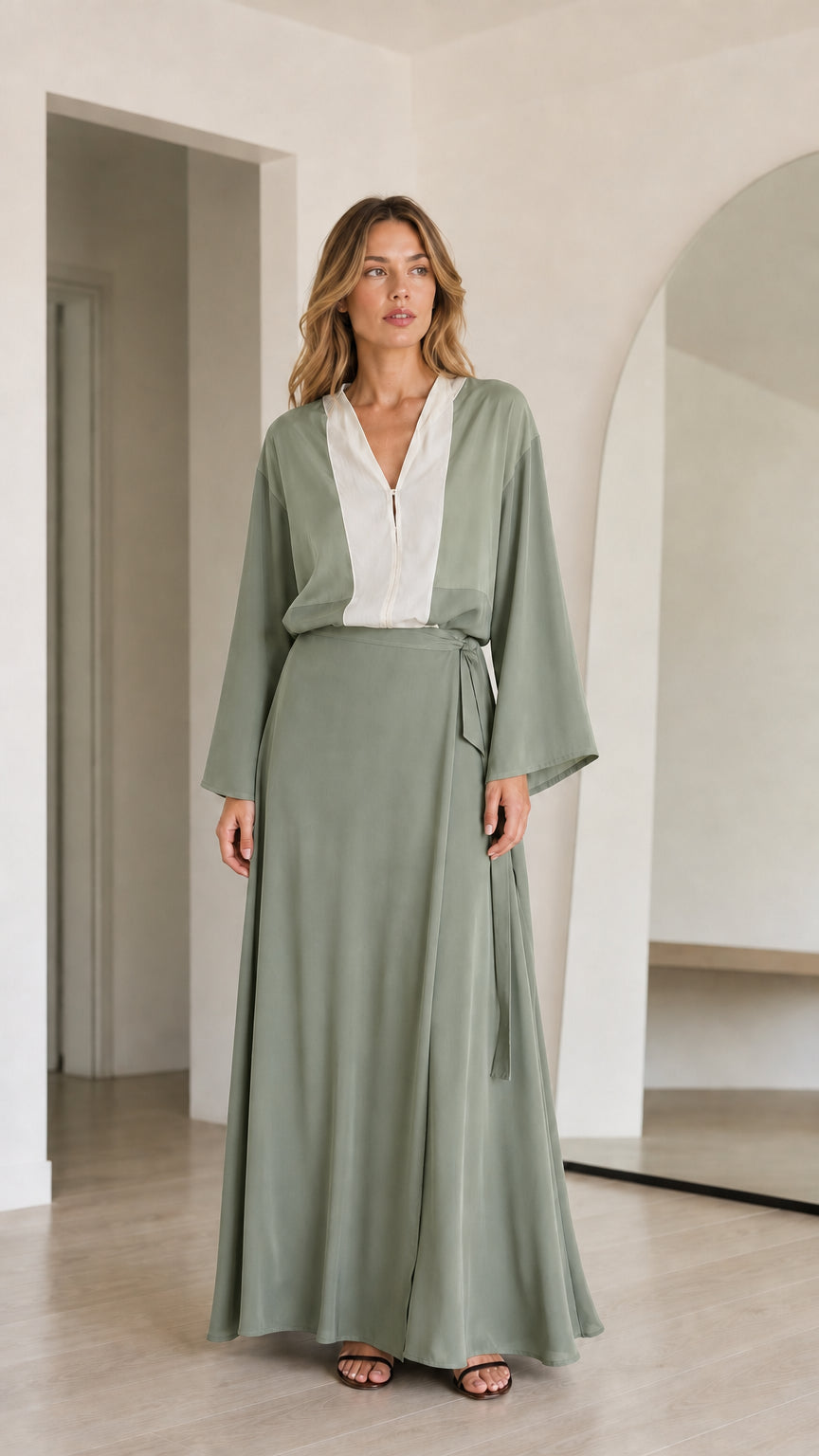 Model wearing Sage Green and white contrast long sleeve maxi dress