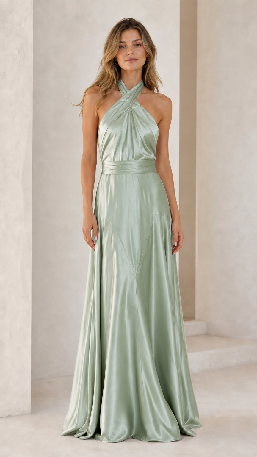 Full-length view of Sage Green halter cross-front backless satin maxi dress